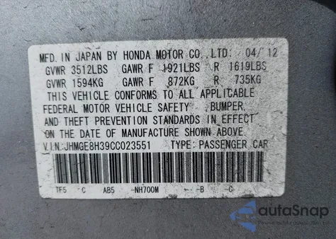 2012 Honda Fit z USA, uszkodzony, nr VIN JHMGE8H39CC023551